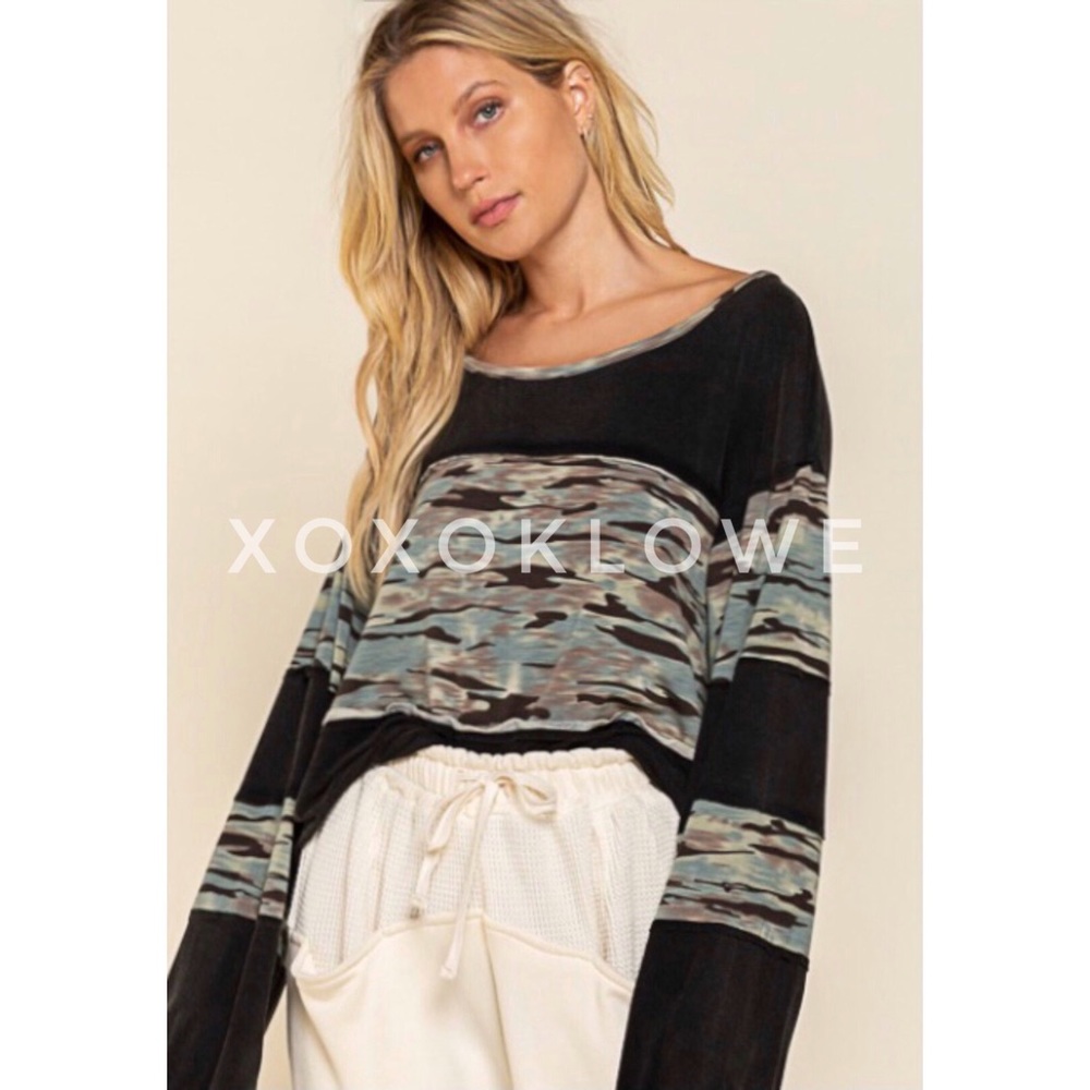 POL Long Sleeve Premium Tee Camo Print Color Block Relaxed Fit Layering - Picture 3 of 8